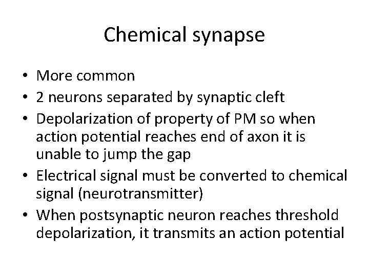 Chemical synapse • More common • 2 neurons separated by synaptic cleft • Depolarization