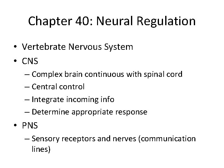 Chapter 40: Neural Regulation • Vertebrate Nervous System • CNS – Complex brain continuous