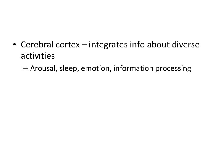  • Cerebral cortex – integrates info about diverse activities – Arousal, sleep, emotion,