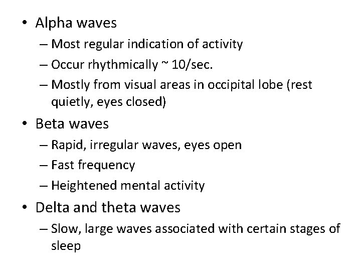  • Alpha waves – Most regular indication of activity – Occur rhythmically ~