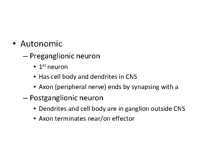  • Autonomic – Preganglionic neuron • 1 st neuron • Has cell body