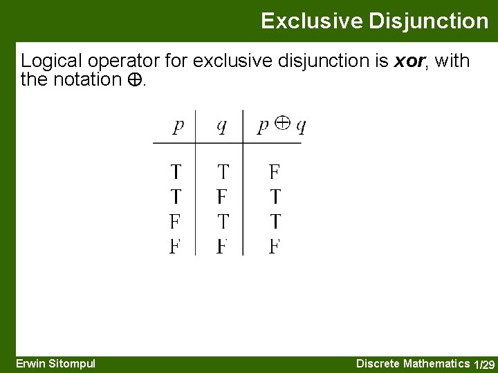 Exclusive Disjunction Logical operator for exclusive disjunction is xor, with the notation . Erwin