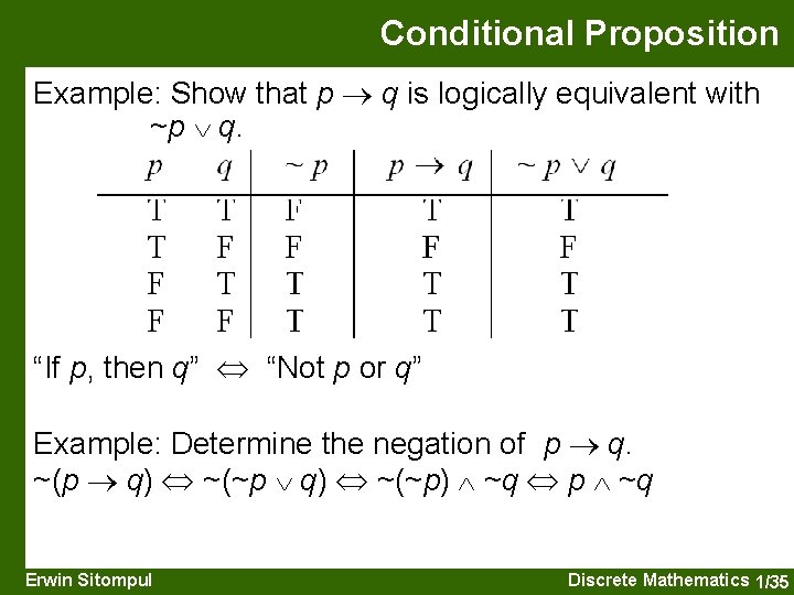 Conditional Proposition Example: Show that p q is logically equivalent with ~p q. “If