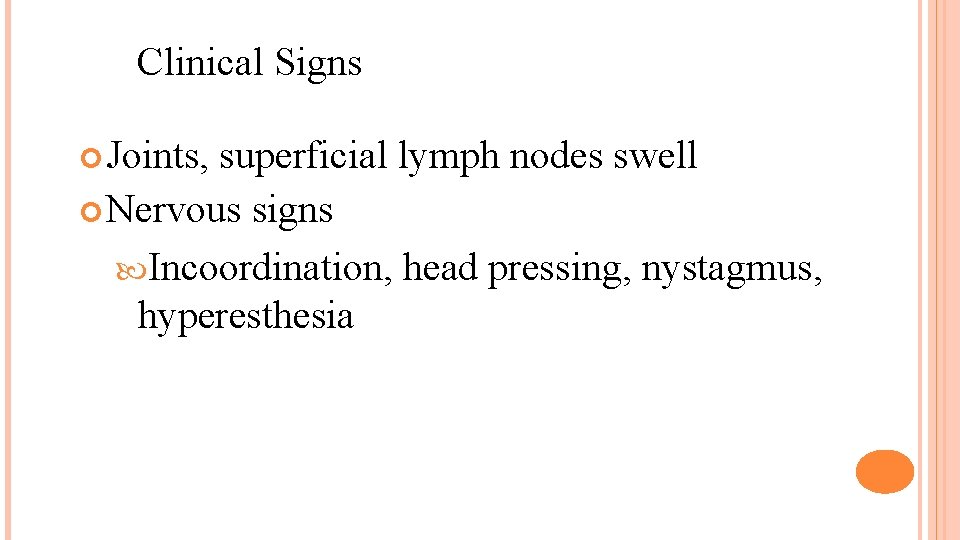Clinical Signs Joints, superficial lymph nodes swell Nervous signs Incoordination, head pressing, nystagmus, hyperesthesia