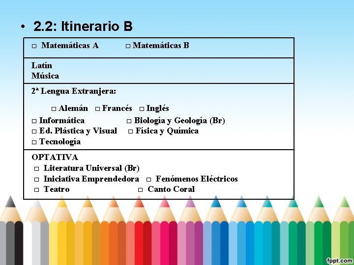  • 2. 2: Itinerario B □ Matemáticas A □ Matemáticas B Latín Música