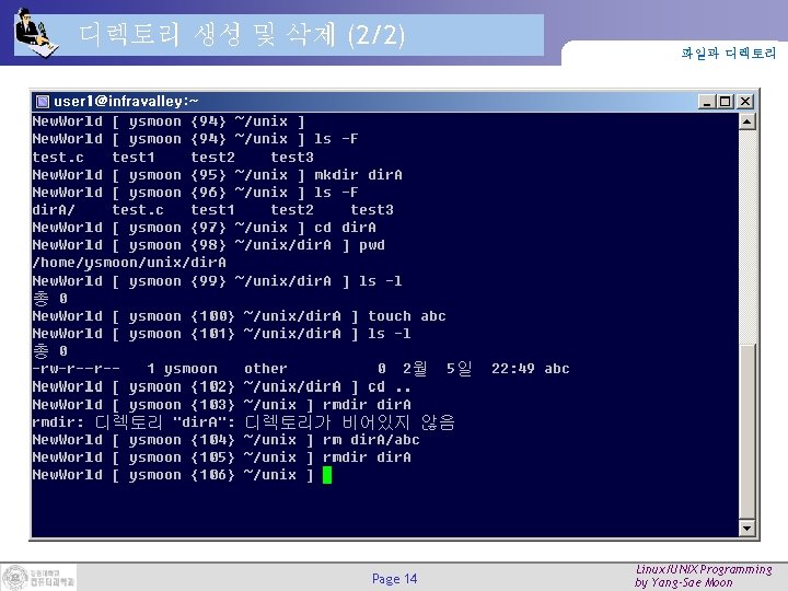 디렉토리 생성 및 삭제 (2/2) Page 14 파일과 디렉토리 Linux/UNIX Programming by Yang-Sae Moon 디렉토리 생성 및 삭제 (2/2) Page 14 파일과 디렉토리 Linux/UNIX Programming by Yang-Sae Moon