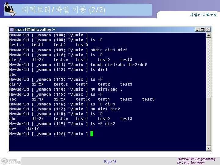 디렉토리/파일 이동 (2/2) Page 16 파일과 디렉토리 Linux/UNIX Programming by Yang-Sae Moon 디렉토리/파일 이동 (2/2) Page 16 파일과 디렉토리 Linux/UNIX Programming by Yang-Sae Moon