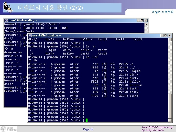 디렉토리 내용 확인 (2/2) Page 19 파일과 디렉토리 Linux/UNIX Programming by Yang-Sae Moon 디렉토리 내용 확인 (2/2) Page 19 파일과 디렉토리 Linux/UNIX Programming by Yang-Sae Moon