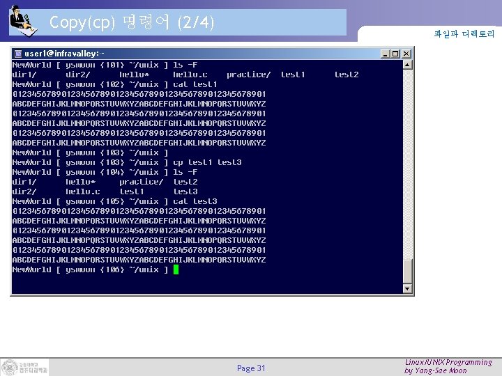 Copy(cp) 명령어 (2/4) 파일과 디렉토리 Page 31 Linux/UNIX Programming by Yang-Sae Moon Copy(cp) 명령어 (2/4) 파일과 디렉토리 Page 31 Linux/UNIX Programming by Yang-Sae Moon