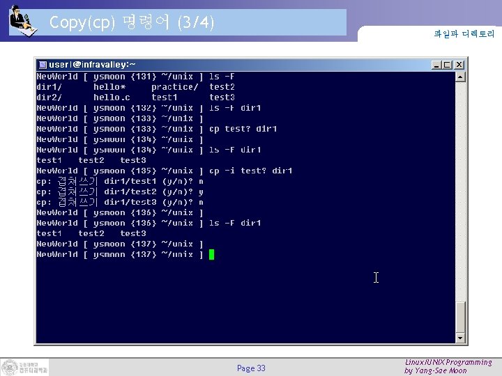 Copy(cp) 명령어 (3/4) 파일과 디렉토리 Page 33 Linux/UNIX Programming by Yang-Sae Moon Copy(cp) 명령어 (3/4) 파일과 디렉토리 Page 33 Linux/UNIX Programming by Yang-Sae Moon
