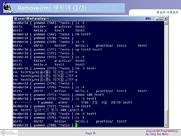 Remove(rm) 명령어 (2/3) Page 36 파일과 디렉토리 Linux/UNIX Programming by Yang-Sae Moon Remove(rm) 명령어 (2/3) Page 36 파일과 디렉토리 Linux/UNIX Programming by Yang-Sae Moon