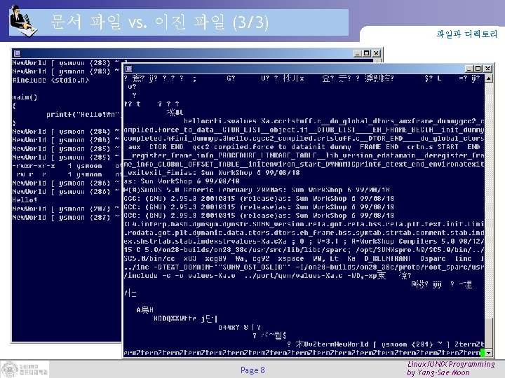 문서 파일 vs. 이진 파일 (3/3) Page 8 파일과 디렉토리 Linux/UNIX Programming by Yang-Sae 문서 파일 vs. 이진 파일 (3/3) Page 8 파일과 디렉토리 Linux/UNIX Programming by Yang-Sae