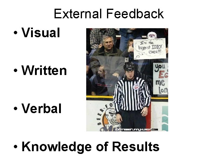 External Feedback • Visual • Written • Verbal • Knowledge of Results 