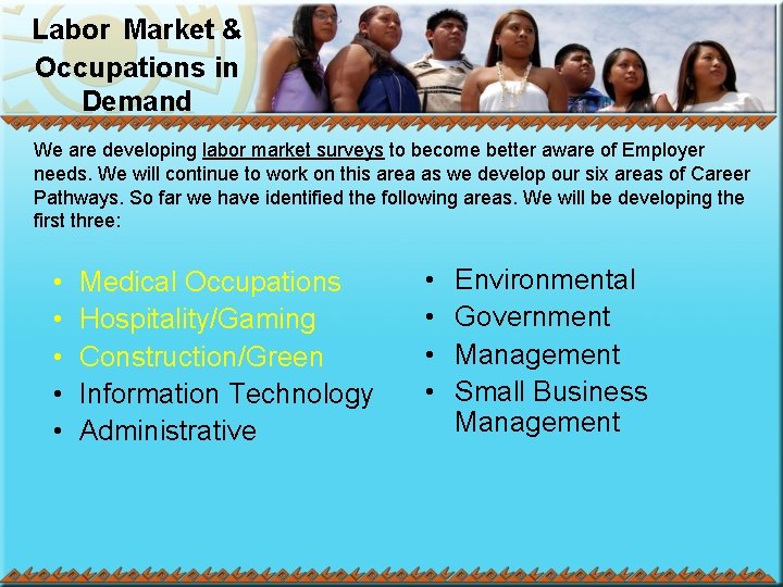 Labor Market & Occupations in Demand We are developing labor market surveys to become