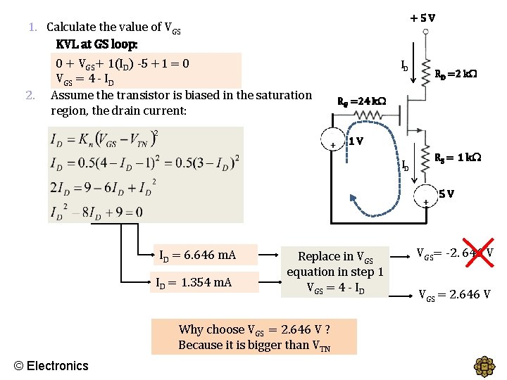 1. Calculate the value of VGS KVL at GS loop: 0 + VGS+ 1(ID)