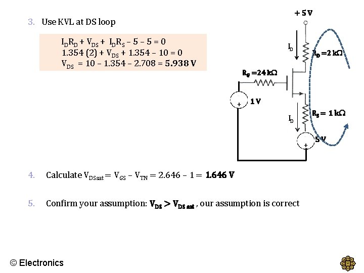 +5 V 3. Use KVL at DS loop IDRD + VDS + IDRS –