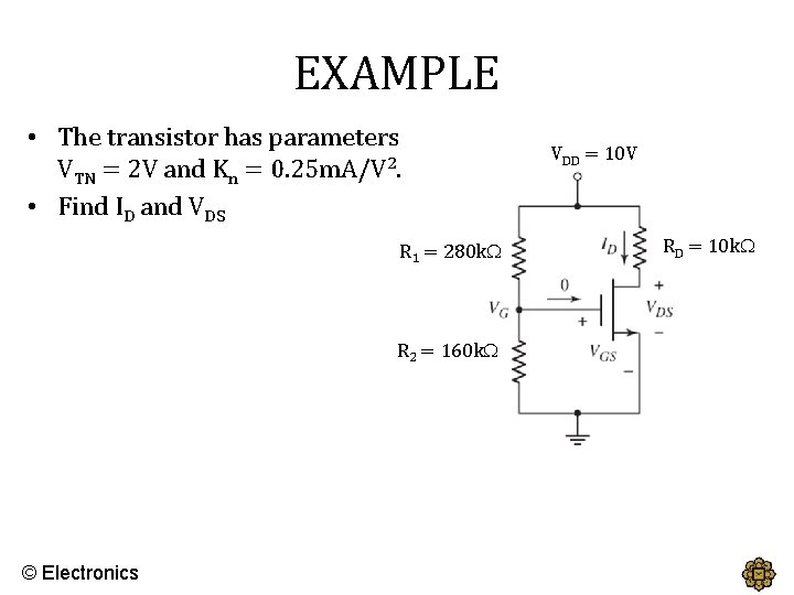 EXAMPLE • The transistor has parameters VTN = 2 V and Kn = 0.