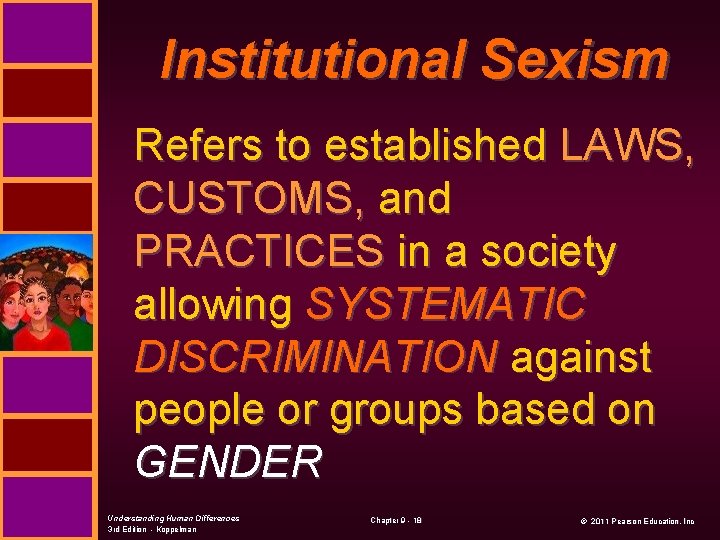 Institutional Sexism Refers to established LAWS, CUSTOMS, and PRACTICES in a society allowing SYSTEMATIC