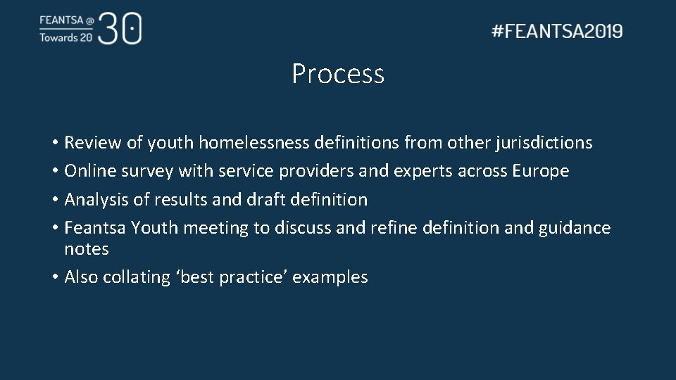 Process • Review of youth homelessness definitions from other jurisdictions • Online survey with