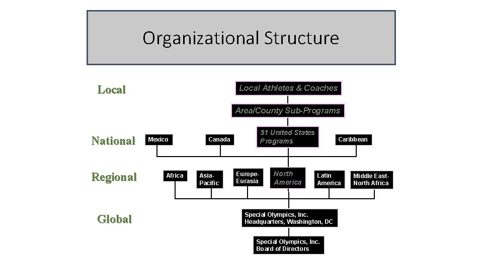 Organizational Structure Local Athletes & Coaches Area/County Sub-Programs National Regional Global Mexico Africa 51