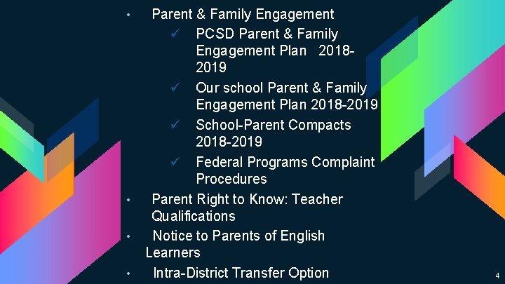  • • Parent & Family Engagement ü PCSD Parent & Family Engagement Plan