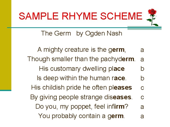 SAMPLE RHYME SCHEME The Germ by Ogden Nash A mighty creature is the germ,
