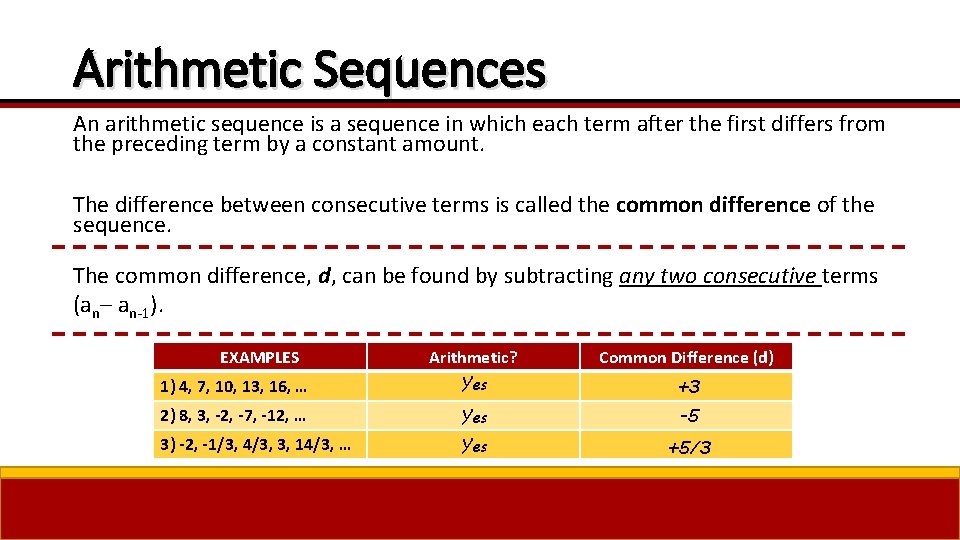 Arithmetic Sequences An arithmetic sequence is a sequence in which each term after the