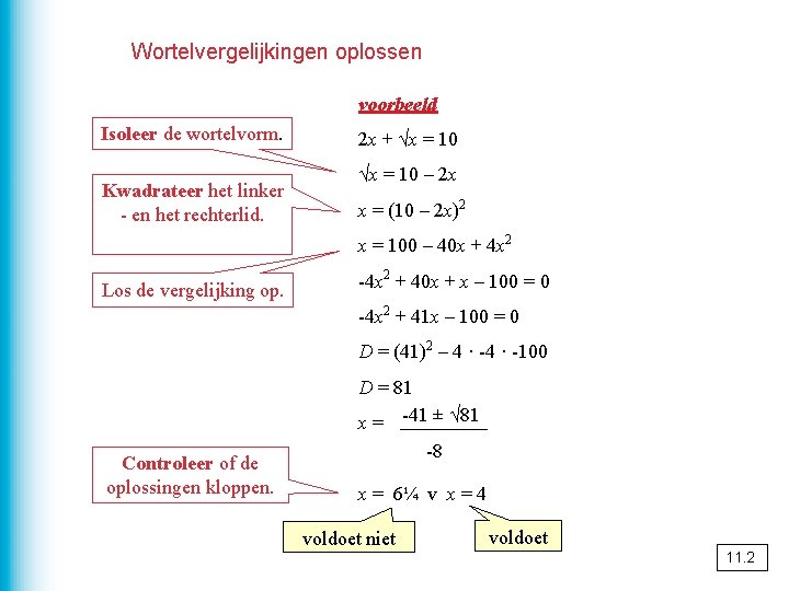 Wortelvergelijkingen oplossen voorbeeld Isoleer de wortelvorm. Kwadrateer het linker - en het rechterlid. 2