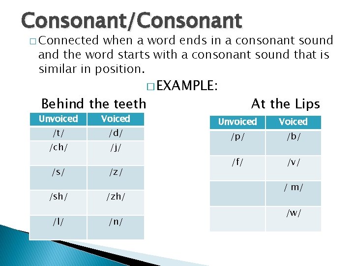 Consonant/Consonant � Connected when a word ends in a consonant sound and the word