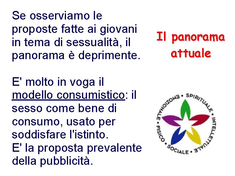 Se osserviamo le proposte fatte ai giovani in tema di sessualità, il panorama è