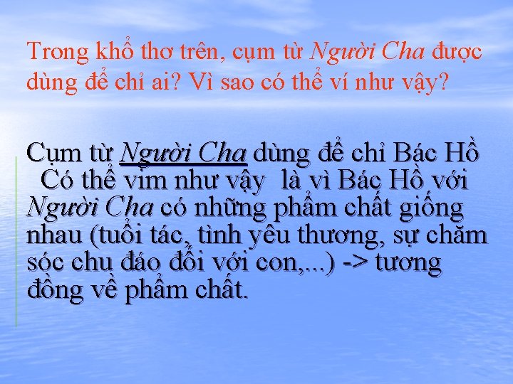 Trong khổ thơ trên, cụm từ Người Cha được dùng để chỉ ai? Vì