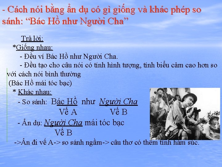 - Cách nói bằng ẩn dụ có gì giống và khác phép so sánh: