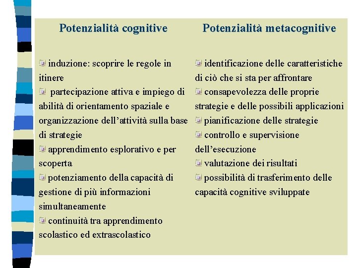 Potenzialità cognitive Potenzialità metacognitive induzione: scoprire le regole in itinere partecipazione attiva e impiego