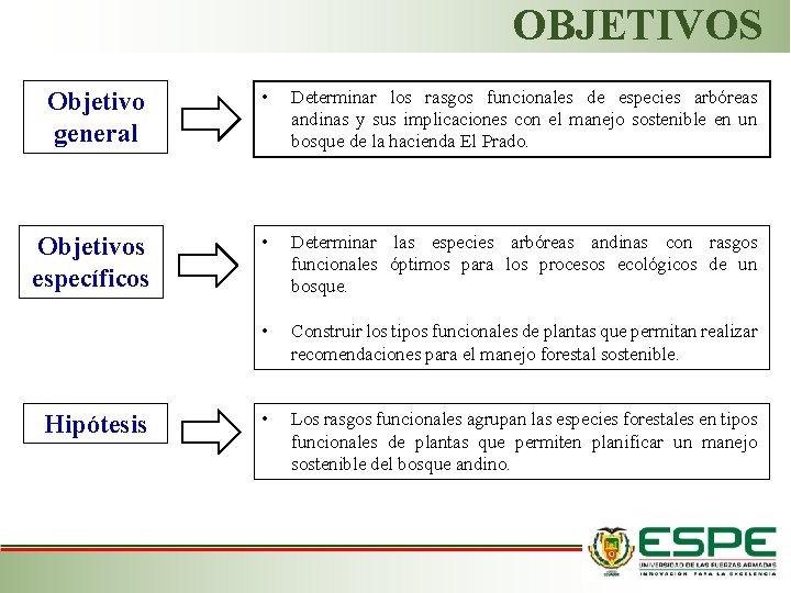 OBJETIVOS Objetivo general • Determinar los rasgos funcionales de especies arbóreas andinas y sus