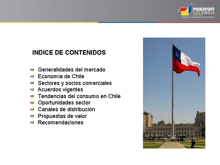 INDICE DE CONTENIDOS Generalidades del mercado Economía de Chile Sectores y socios comerciales Acuerdos