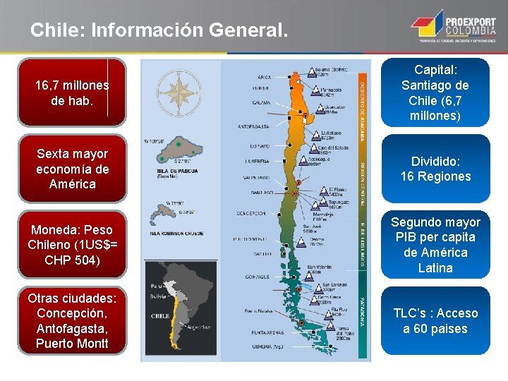 Chile: Información General. 16, 7 millones de hab. Capital: Santiago de Chile (6, 7