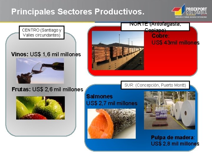 Principales Sectores Productivos. CENTRO (Santiago y Valles circundantes) NORTE (Antofagasta, Copiapo) Cobre: US$ 43