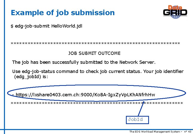 Example of job submission $ edg-job-submit Hello. World. jdl ****************************** JOB SUBMIT OUTCOME The