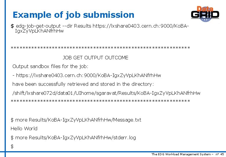 Example of job submission $ edg-job-get-output --dir Results https: //lxshare 0403. cern. ch: 9000/Ko.