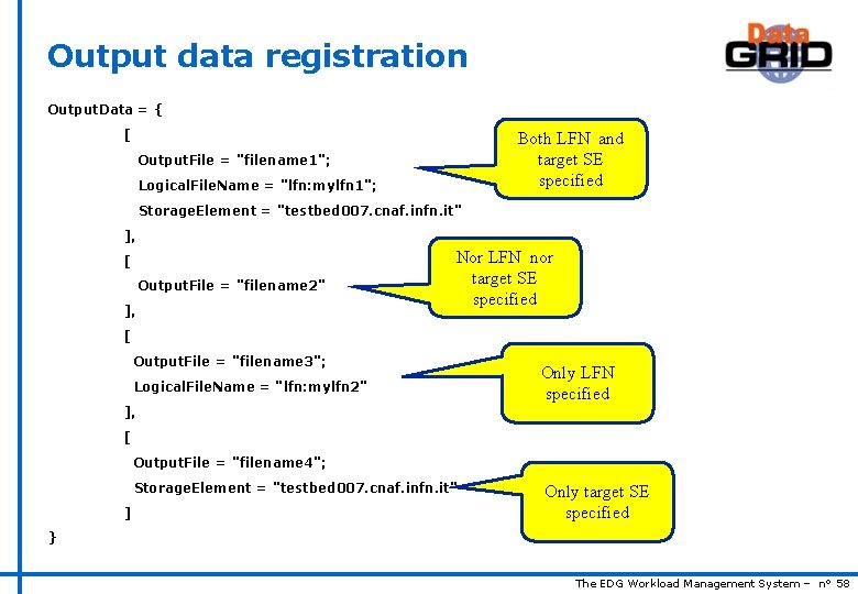 Output data registration Output. Data = { [ Both LFN and target SE specified