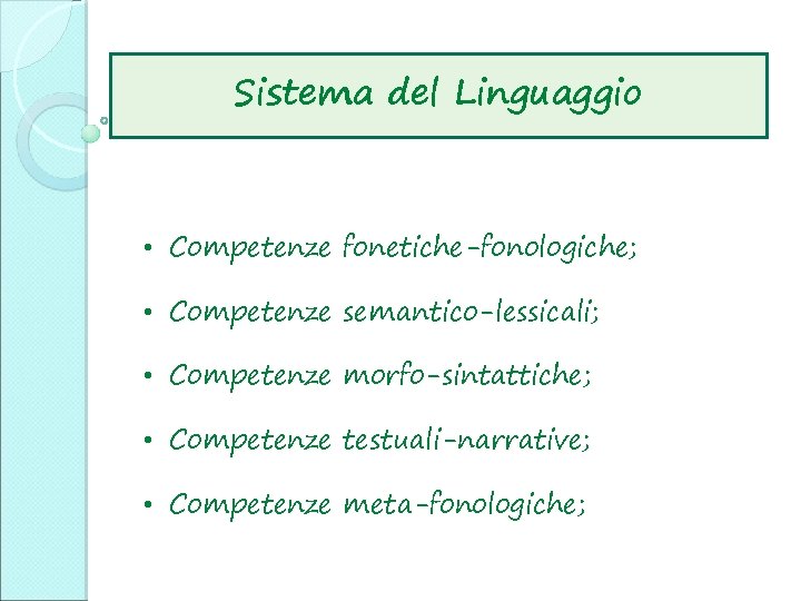 Sistema del Linguaggio • Competenze fonetiche-fonologiche; • Competenze semantico-lessicali; • Competenze morfo-sintattiche; • Competenze