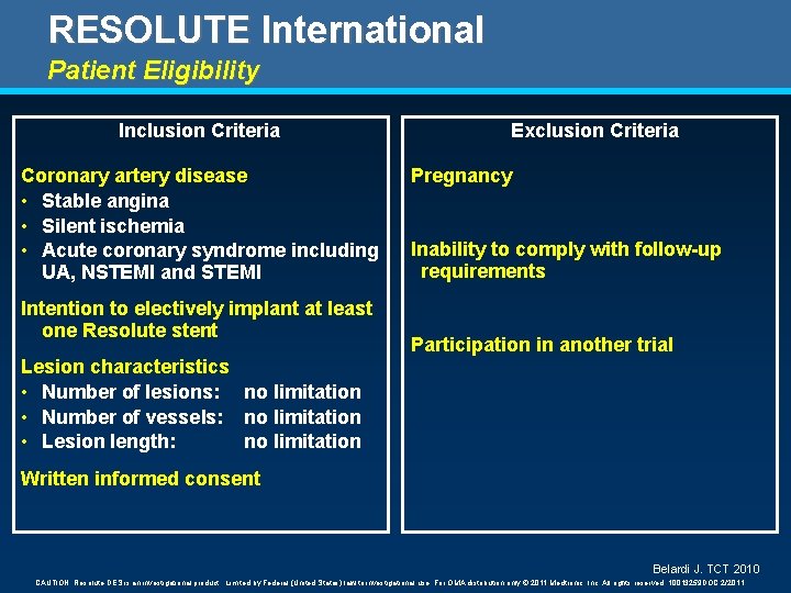 RESOLUTE International Patient Eligibility Inclusion Criteria Coronary artery disease • Stable angina • Silent RESOLUTE International Patient Eligibility Inclusion Criteria Coronary artery disease • Stable angina • Silent