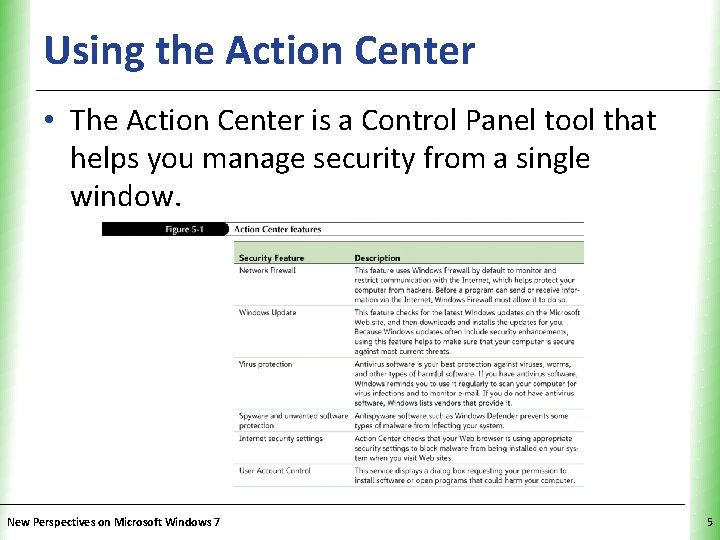 Using the Action Center XP • The Action Center is a Control Panel tool