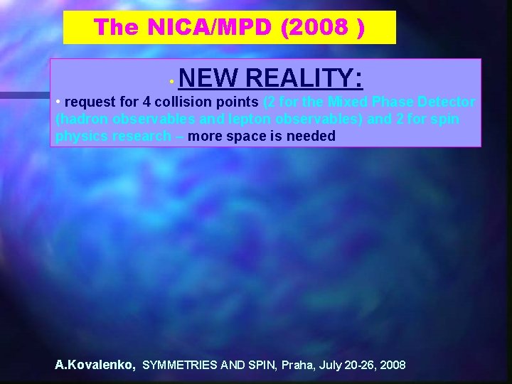 The NICA/MPD (2008 ) NEW REALITY: • • request for 4 collision points (2