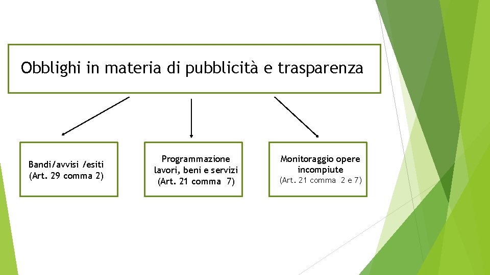 Obblighi in materia di pubblicità e trasparenza Bandi/avvisi /esiti (Art. 29 comma 2) Programmazione