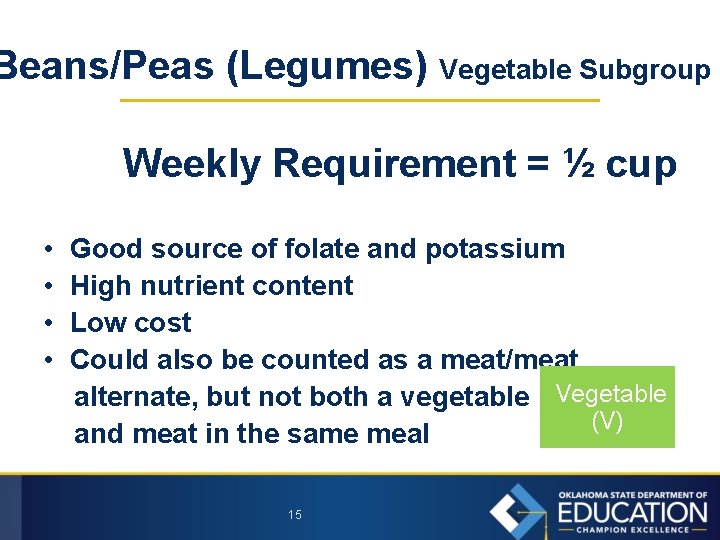 Beans/Peas (Legumes) Vegetable Subgroup Weekly Requirement = ½ cup • • Good source of