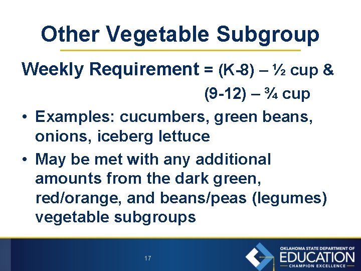 Other Vegetable Subgroup Weekly Requirement = (K-8) – ½ cup & (9 -12) –