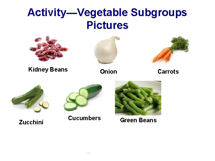 Activity—Vegetable Subgroups Pictures Kidney Beans Zucchini Carrots Onion Cucumbers 19 Green Beans 