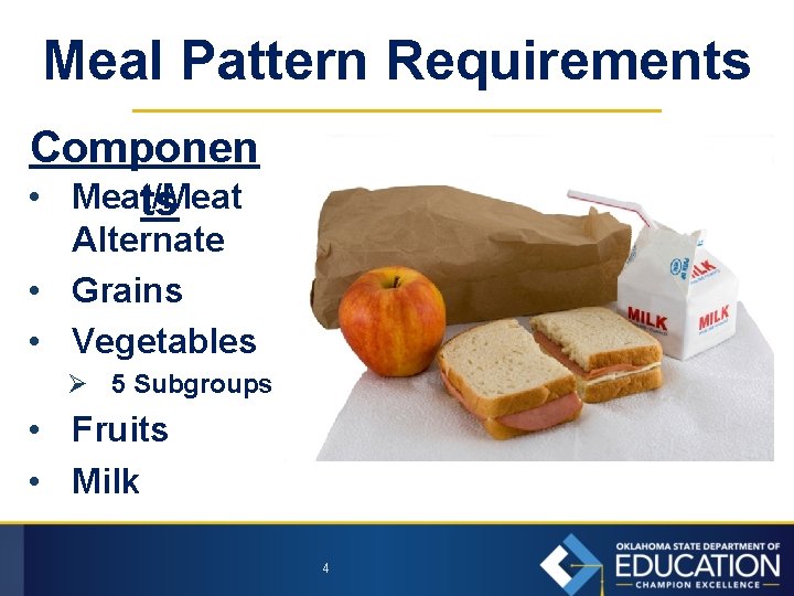 Meal Pattern Requirements Componen • Meat/Meat ts Alternate • Grains • Vegetables Ø 5