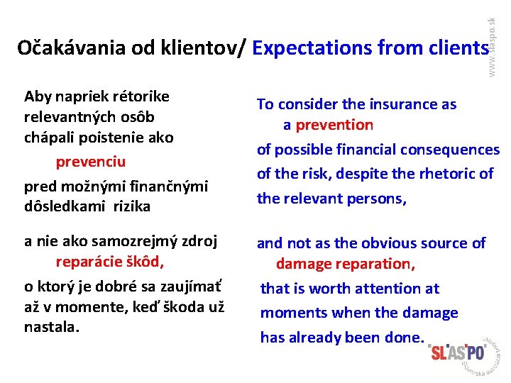 www. slaspo. sk Očakávania od klientov/ Expectations from clients Aby napriek rétorike relevantných osôb